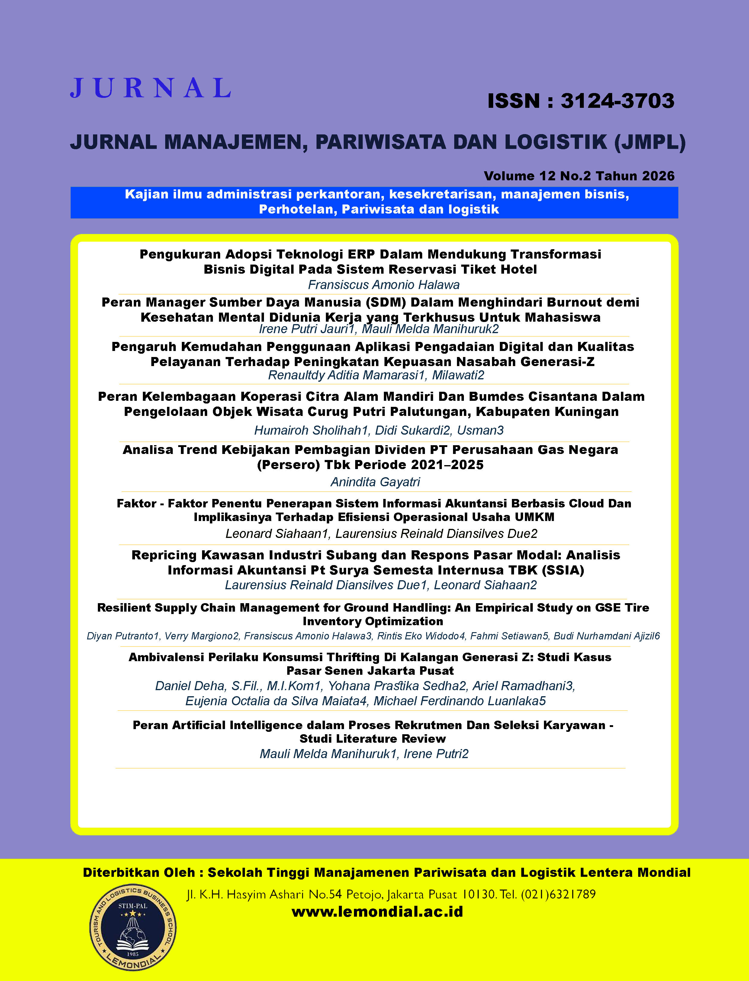					View Vol. 4 No. 2 (2026): Jurnal Manajemen Pariwisata dan Logistik (JMPL) 
				